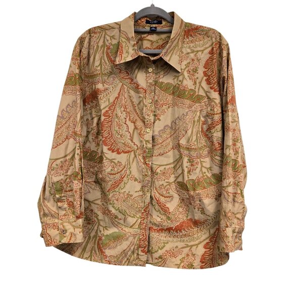 Chaps 3X Paisley Button-Up Shirt Beige/Red/Green 100% Cotton Long Sleeve Collar - Picture 1 of 8